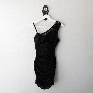 Forever 21 Dress Sz SP Black Lace Overlay One Shoulder Mini Ruched Whimsigoth